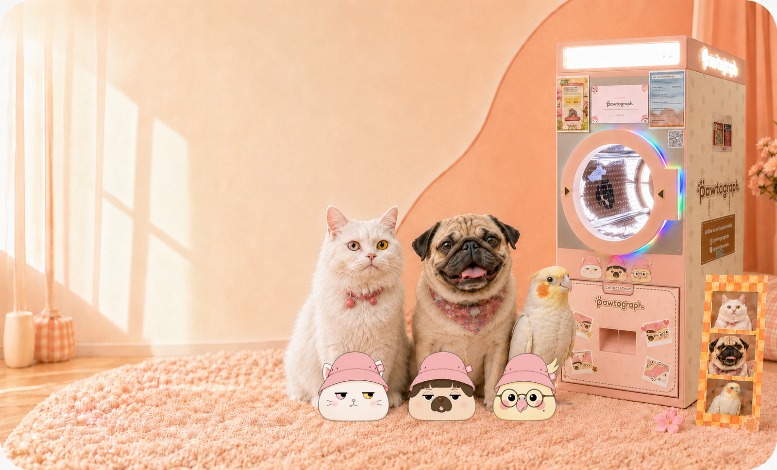 Pawtograph cat, pug, cockatiel, booth and mascots